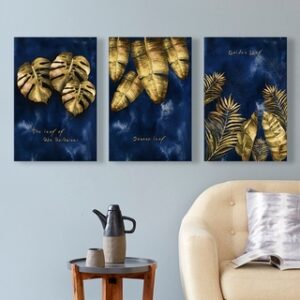 abstract++ Canvas Print++ Canvas Painting++ Wall Art++ Decor++ Floral++ floral++ dark blue++ leaves++ banana leaf++ golden leaf