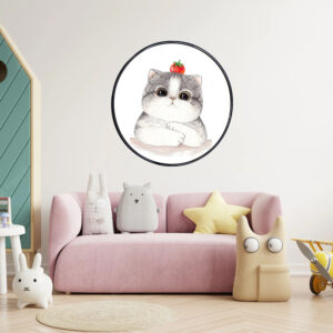 abstract art++ canvas printing++ canvas art++ round frame++ cute++cartoon++ cat++ cat art++ wall art++ modern art++ grey cat++ Nordic