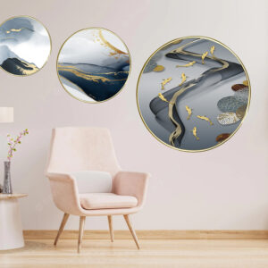 abstract art++ wall art++ canvas art++ canvas print++ round frame++ home decor++ decoration++ round art++ mountain++ river++ blue++ fish++ gold++ modern art++ scenery