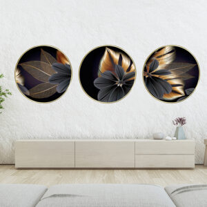 abstract art++ wall art++ canvas art++ canvas print++ round frame++ home decor++ decoration++ round art++ golden++ black++ leaves++ luxurious++ nordic